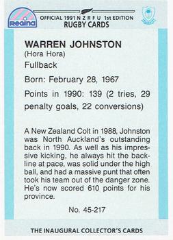 1991 Regina NZRFU 1st Edition #45 Warren Johnston Back